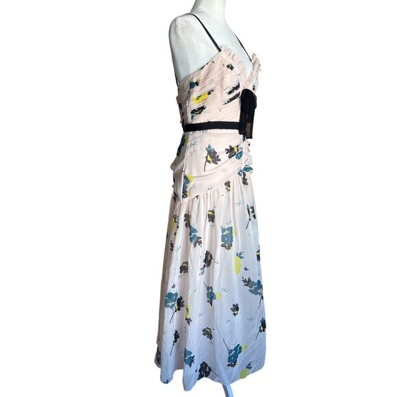 Self-Portrait‎ Dress Size 8 Pink Floral Chiffon Front Tie Midi Wedding Occasion - Picture 7 of 12